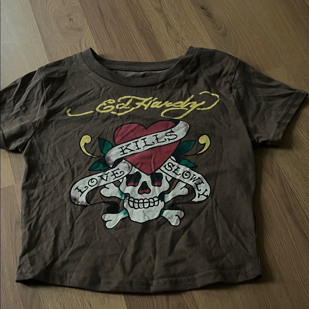 Ed Hardy Brown Short-Sleeve Tee with Heart & Skull Graphic